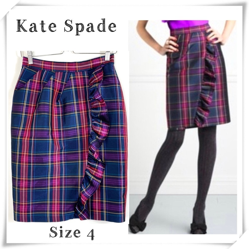 Kate Spade Ruffled England Plaid Wrap Pencil Skirt Size 4